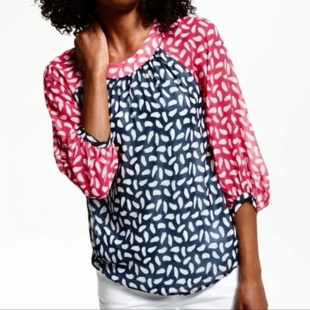 Boden Sylvie Raglan Sleeve Blouse Women's Size 10 Colorful Popover Chiffon Sheer